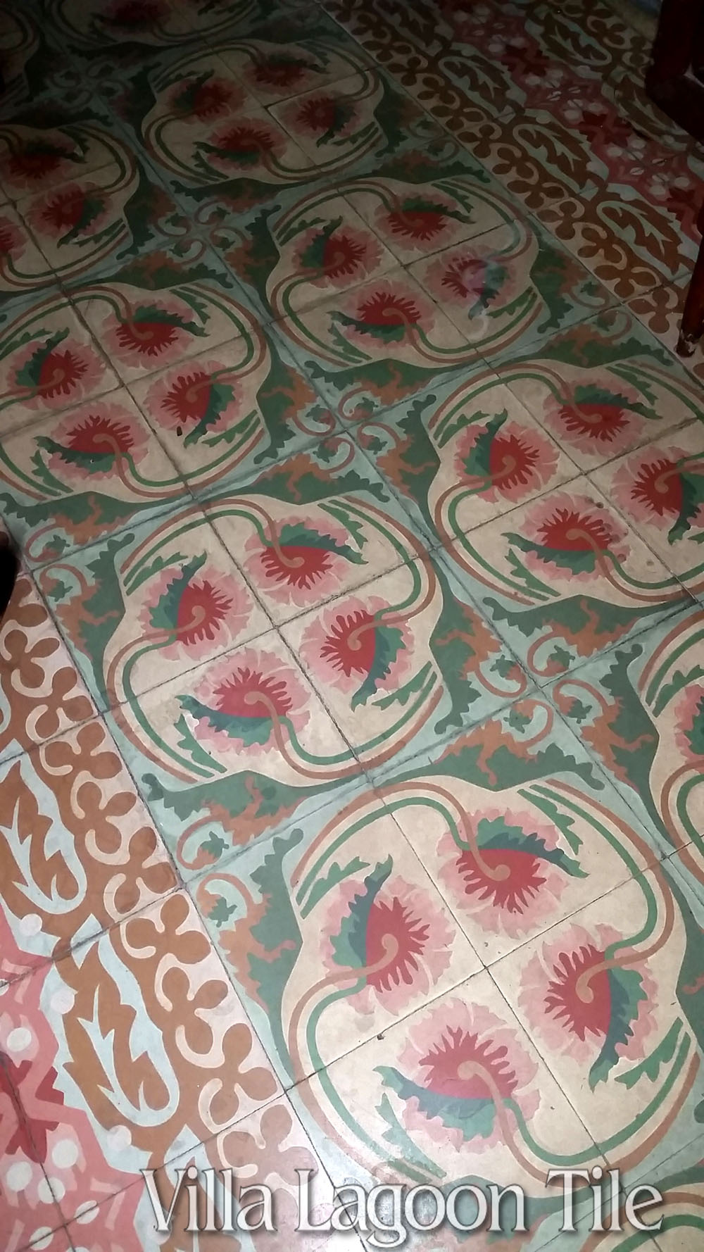 Cuban floral tile floor--favorite colors, pink & cranberry red