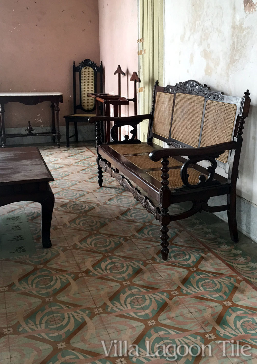 Living room in Cienfuegos, Cuba with cement tile floor