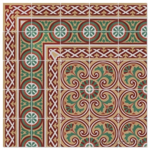 Cuban Collection cement tile Bolero with matching Border, in reds, greens, and pale yellow